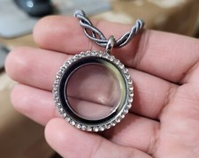 Round Floating Locket Stainless Steel Glass w/ AB Rhinestones Gray Cord