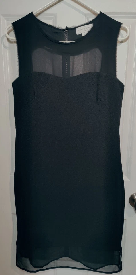 Jessica Simpson Black Shift Mesh Knee-Length Sleeveless Eyelash Trim LBD Dress 8 - Image 3 of 4