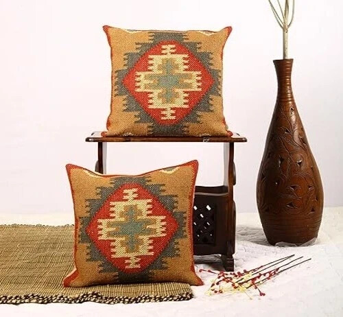 Indian Handmade Kilim Wool Jute Cushion Cover 2 Set of 18"X18" Multicolor Pillow - Picture 5 of 6