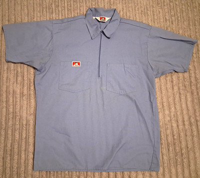 Ben Davis Men's Blue Solid Short Sleeve Zip Front Button-Up Work Shirt L