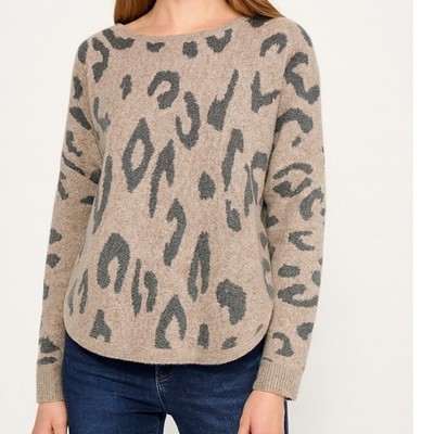 Hem & Thread Women's Leopard Print Knit Sweater Long Sleeve Beige Gray Size L