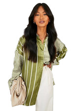 BOOHOO Sz 4 Khaki Green Striped OVERSIZED Satin Blouse Shirt Top Long Sleeve NWT