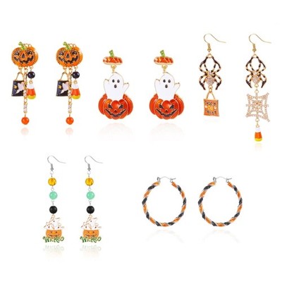 Whimsical Halloween Earrings Featuring Asymmetric Pumpkin Pattern Present Ready