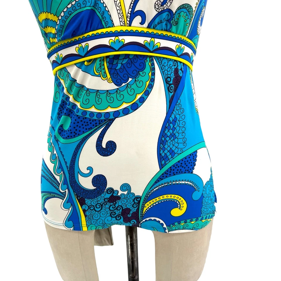 Camiseta Tankini Trina Turk Ipanema Estampado Geométrico Halter Natación Blanco Azul Talla US 6 Foto 4 de 4