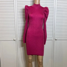 Alice + Olivia Issa Metallic Puff Long Sleeves Wool Blend Party Dress Small