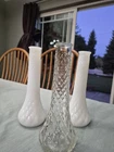 Lot of 3 Vintage Clear & Milk Glass Quilted Bud Vases, 9 inch