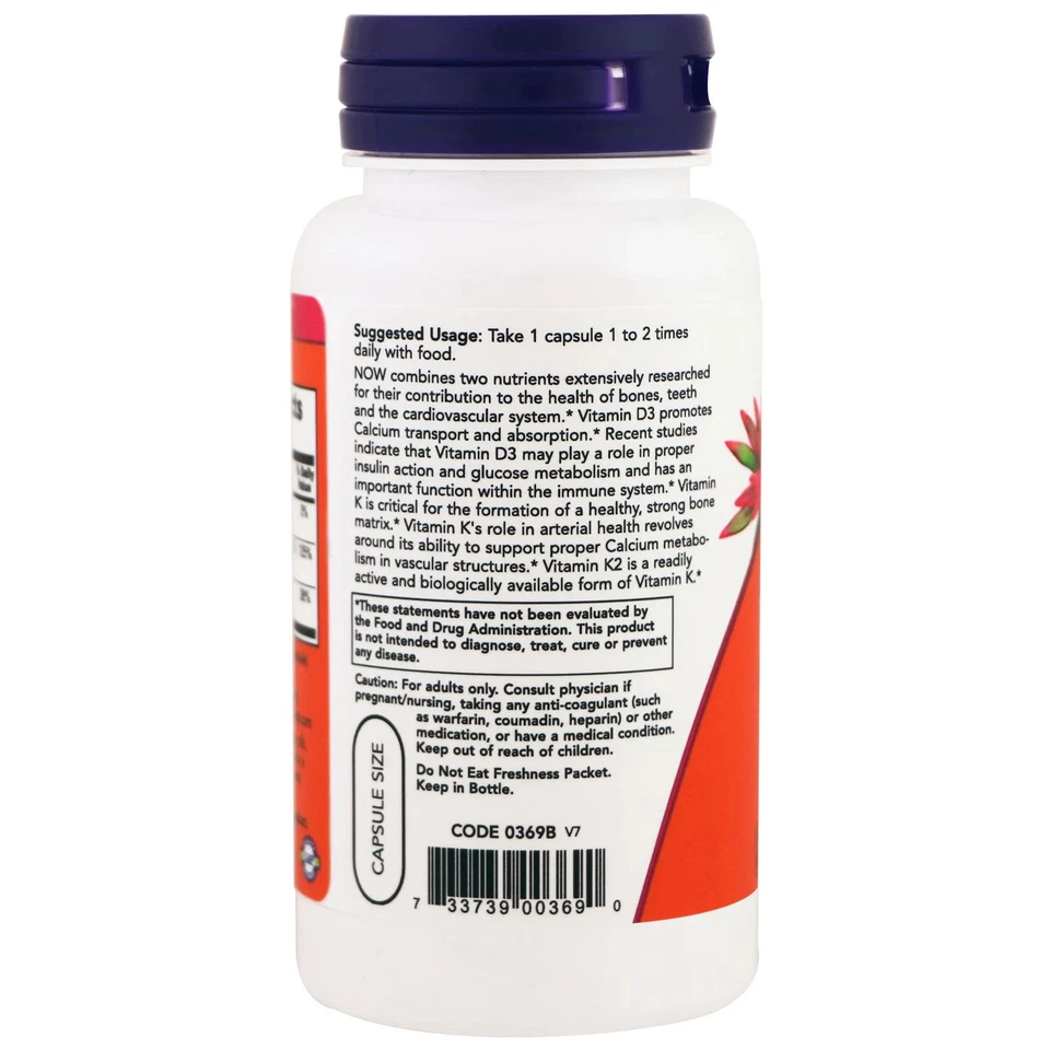 Now Foods Vitamina D-3 y K-2, 120 Cápsulas Vegetales, Paquete de 2 Foto 4 de 4