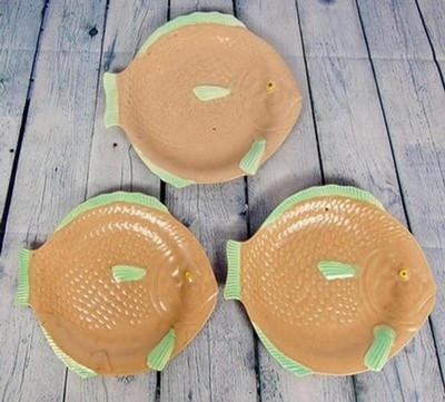 3x Vintage Shorter & Son Ltd. Keramik Fisch Teller 91/4'' x 81/2'' - rosa & grün
