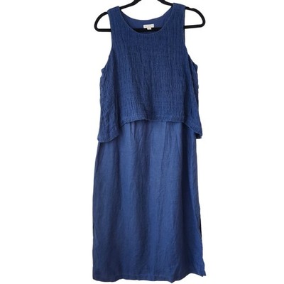 J. Jill Purejill Blue 100% Linen Layered Mini Dress Textured Overlay Women's S