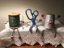 WMG Anthropomorphic Sewing Shelf Sitters  Thread  Scissors  Thimble Lot/3