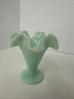 Vintage Fenton Mint Green Hobnail Milk Glass Footed Double Crimped Ruffle Vase