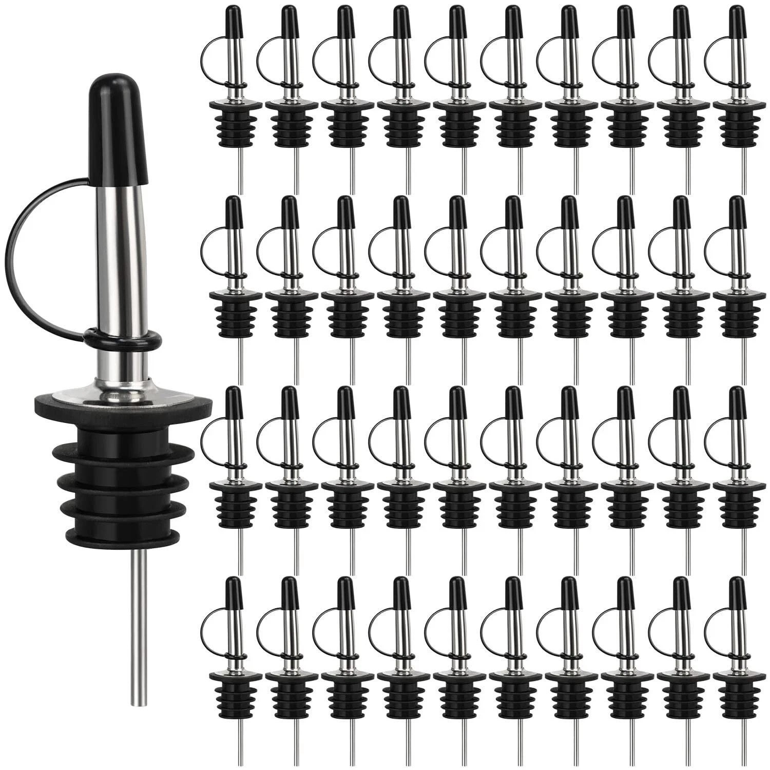 48 Pack Stainless Steel Liquor Pour Spout Bottle Pourers with Rubber Caps