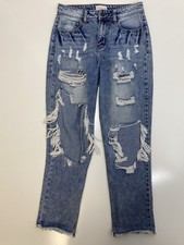 Cello Straight Jeans Blue Medium Wash Distressed Frayed Button 5-Pocket