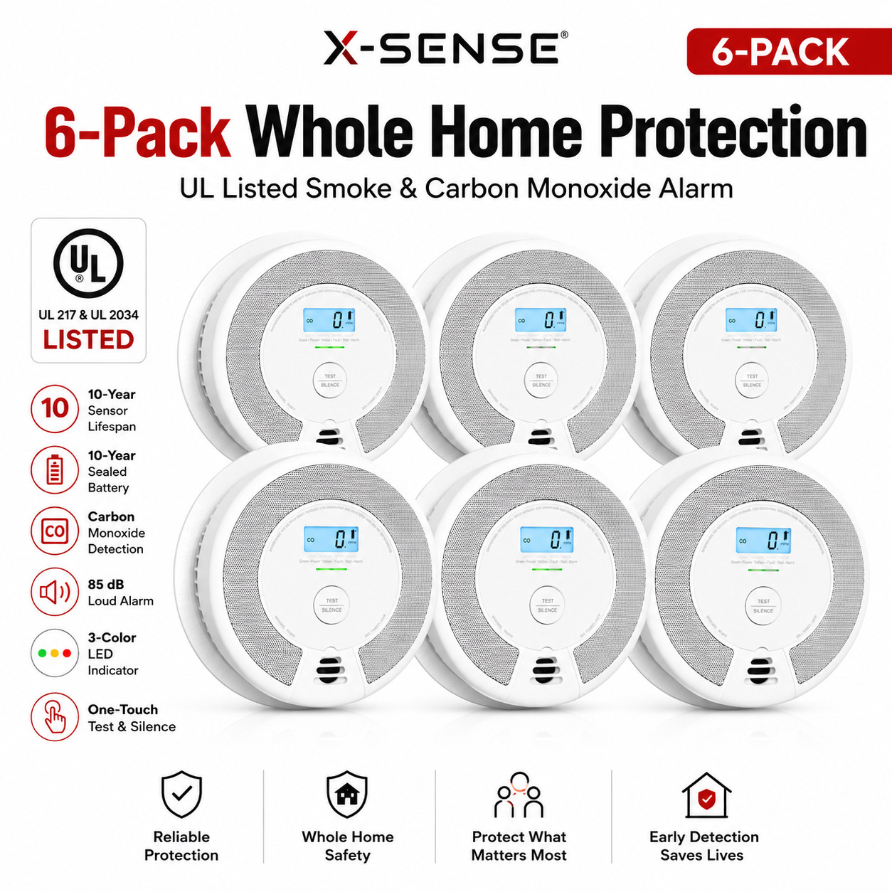 X-Sense SC07 6-Pack Smoke & Carbon Monoxide Alarm LCD UL217/2034 10-Year
