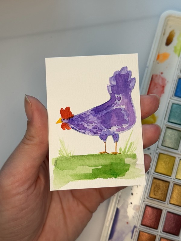 ACEO Original 2.5x3.5in Painting/Purple Chicken/Mini Art