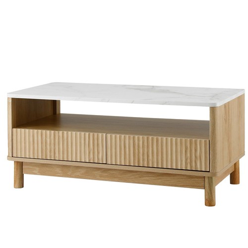 Artiss Coffee Table End Table Shelf Drawer Marble Effect Wood&White 90CM - Picture 2 of 9