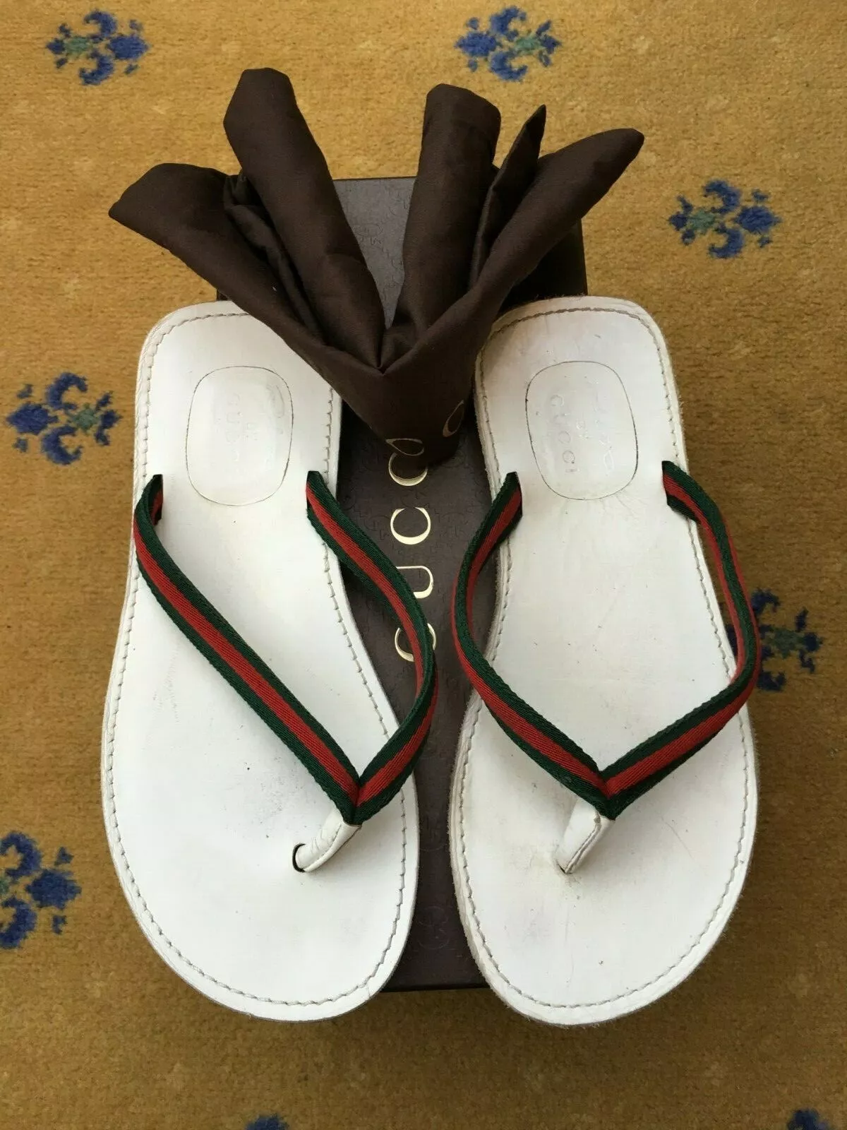Gucci Homme Sandales String Blanc Chaussures Cuir UK 7 US 8 EU 41 Web Vert Rouge Riva