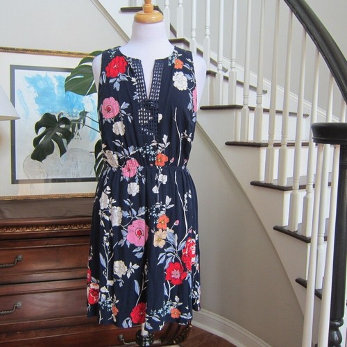 Stitch Fix Market & Spruce Bogota Navy Blue Floral Crochet Trim Dress Size L New