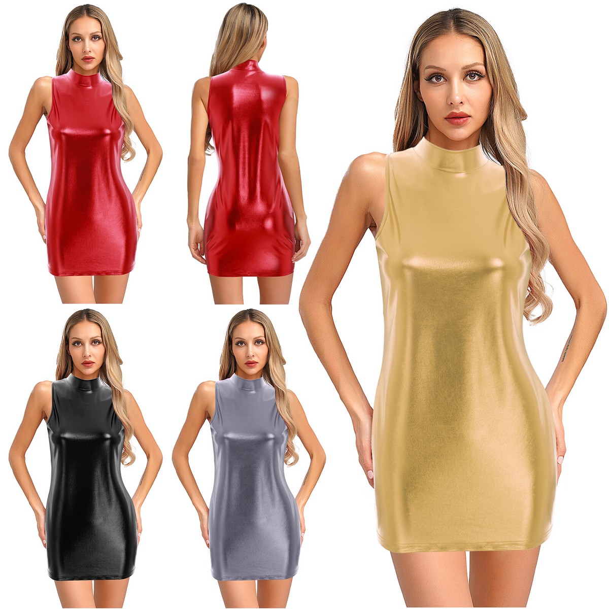 Womens Shiny Metallic Bodycon Stretchy Dress Pvc Leather Wet Look Seamless  Dress