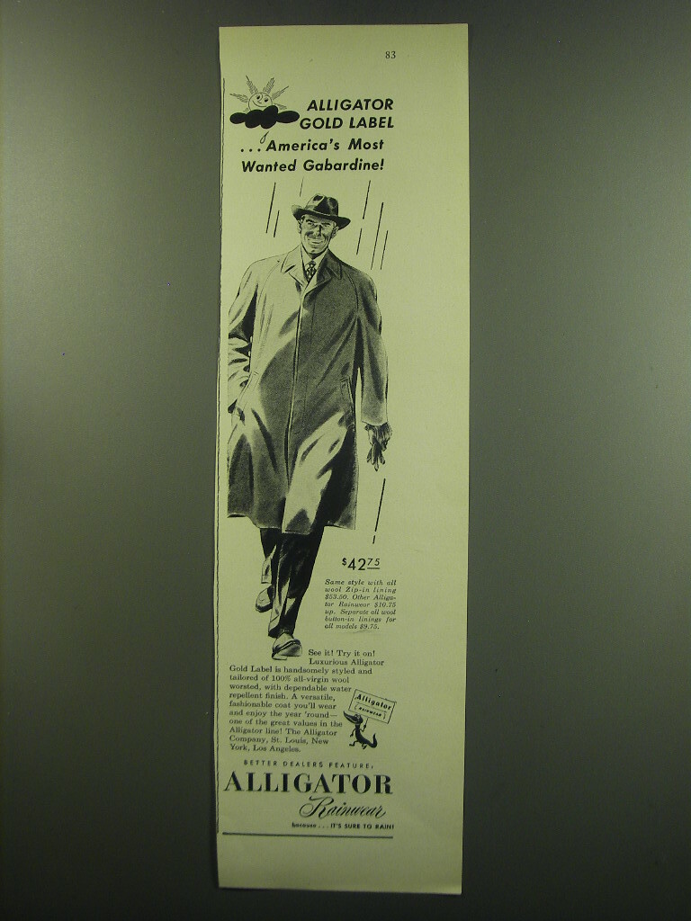 1949 Alligator Rainwear Ad America's Most Wanted Gabardine eBay