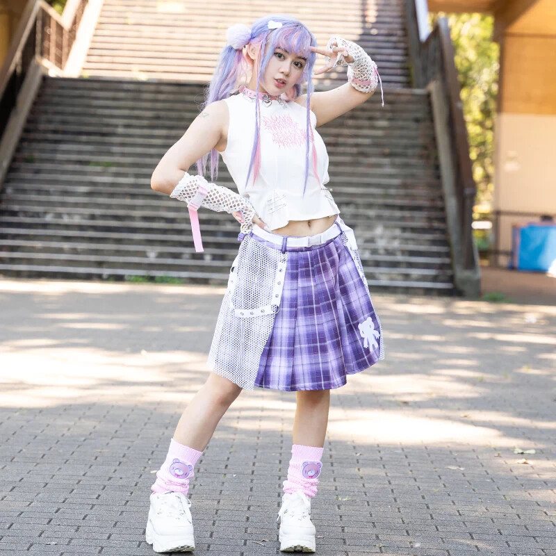 Chax GP Gloomy Bear Mesh Skirt Pastel Purple Tartan Japan