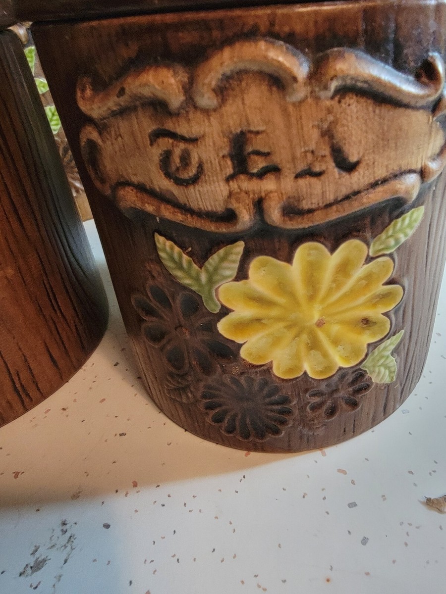 VINTAGE TREASURE CRAFT CANISTER SET OF 4 1960s CERAMIC BROWN WOOD