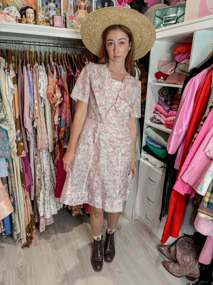 Vestido Vintage Años 60 Estampado Punto Rosa / Cuello Marinero Vintage / Dorolyn / L / 14 AU Foto 2 de 4