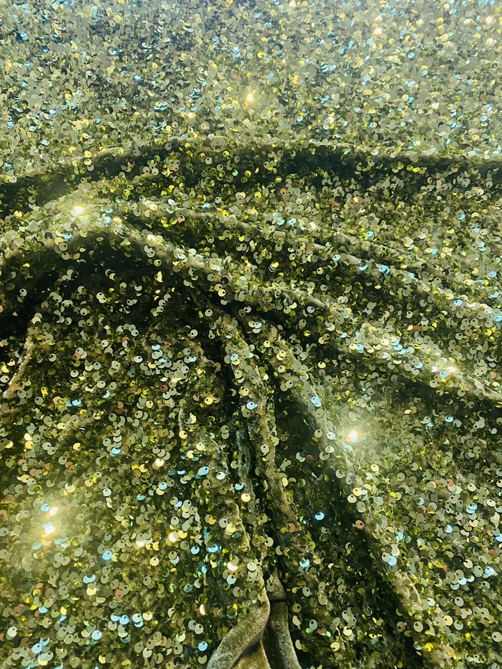 Olive Sequin on Stretch Velvet 4-Way stretch fabric by the yard 60" Wide - Image 3 of 4