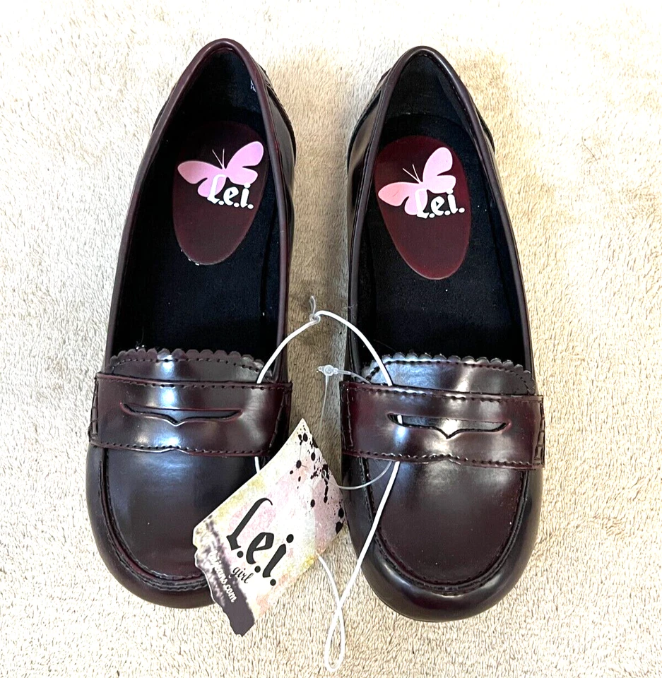 女孩 L.E.I. 平底鞋尺寸 1 勃艮第便士乐福鞋 拉装 全新带盒 "Frannie" [BX] — 第 3/4 张图片