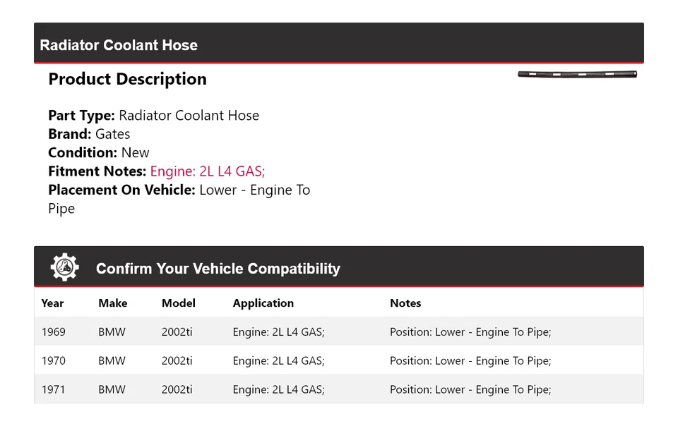 Mangueira inferior do líquido de arrefecimento do radiador BMW 2002ti 1969-1971 - motor para portas de tubulação 1970 - Imagem 2 de 4