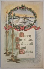 Vintage Postcard Christmas Winter Scene Gilt Candle Holders Embossed AA46