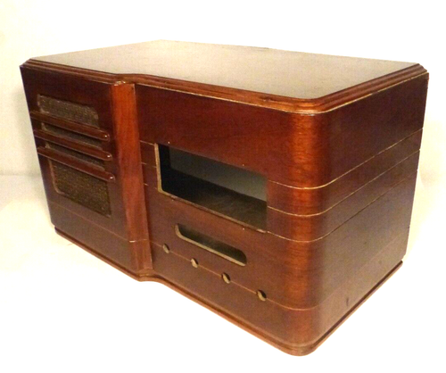 vintage MANTOLA CRT 432 TABLETOP RADIO: WOOD SHELL & GRILL CLOTH 18 X 10 X 10" - Picture 5 of 9