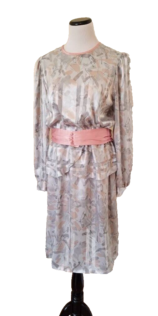 light grey peplum dress 1980s Sheer Stripe Midi Dress, Lightweight, Pink Cummerbund Belt Sm SEQUIN-LACE