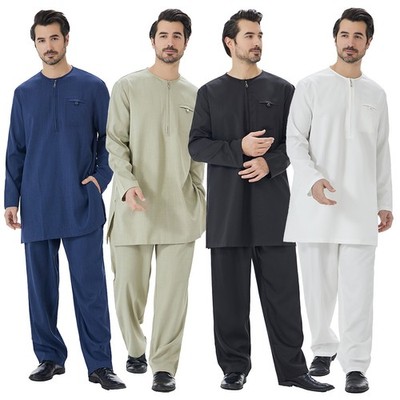 Saudi Dubai Muslim Men Blouse Top Long Pants Abaya Kaftan Dishdasha Outfits Arab