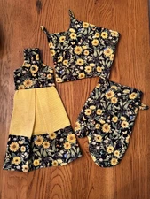 "YELLOW CORNFLOWERS "dish towel with 2 pot holders & 1 oven mitt (4pc set )