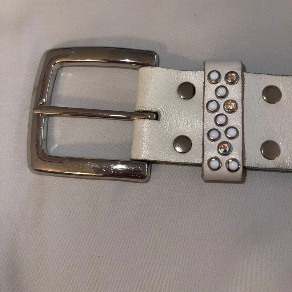 Rn Design Womens Belt Size Large White Leather Studded Swarosky Crystals - Image 2 of 4