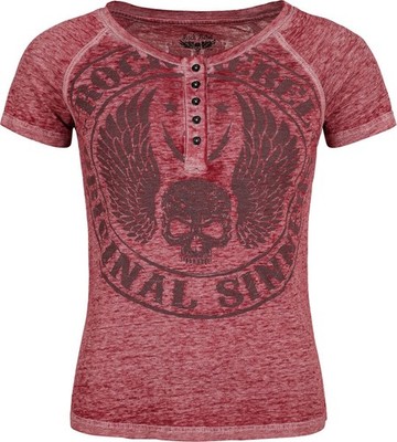 Rock Rebel by EMP Damen bordeaux-farbenes T-Shirt mit Frontprint und Knopfleiste