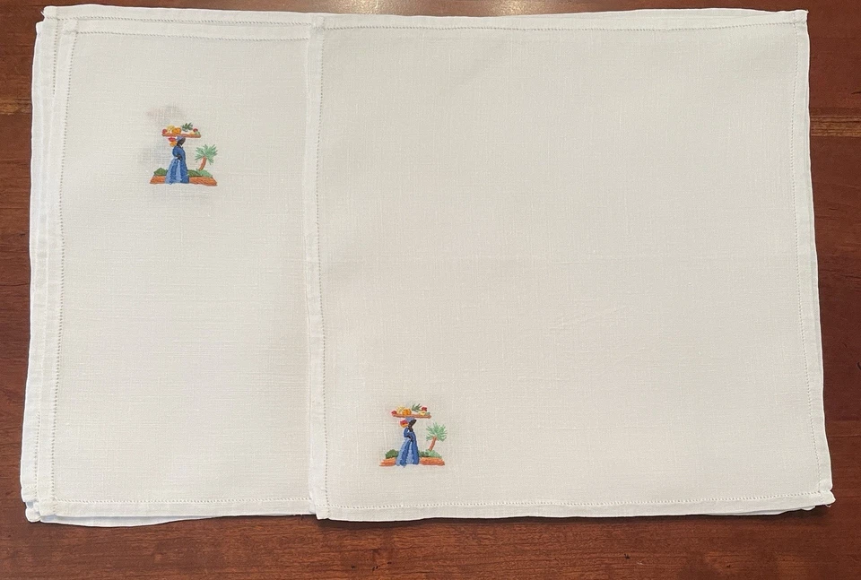 VTG Jamaican Folk Art Madeira Linen Hand Embroidered Placemat & Napkin Set-8pc. - Image 2 of 4
