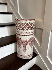 Vintage Majolica RCCL Portugal Hand Painted Pink White Umbrella Stand 19” Tall