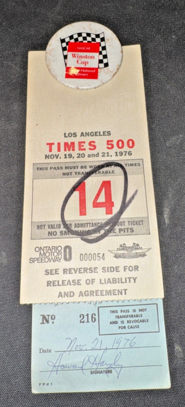 1976 LA Times 500 Ontario Motor Speedway NASCAR Pit Credential Handy Winston Cup