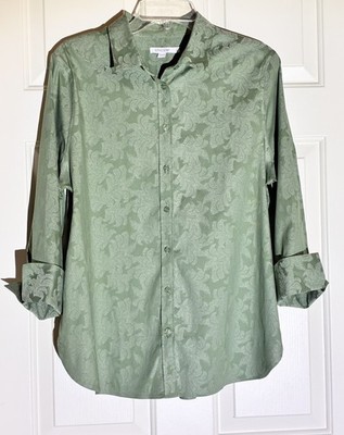 Chico s No Iron Jacquard Print Button Up Collared Blouse Shirt Size 2 Petite