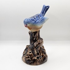 Blue Bird On A Stump Ceramic Flower Frog With 5 Holes Vintage
