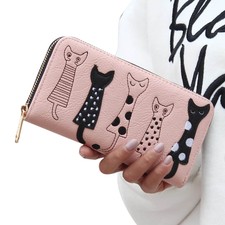 Long Wallet For Women Cute Cat Purse Credit Card Holder Phone Pouch Handbag Pink