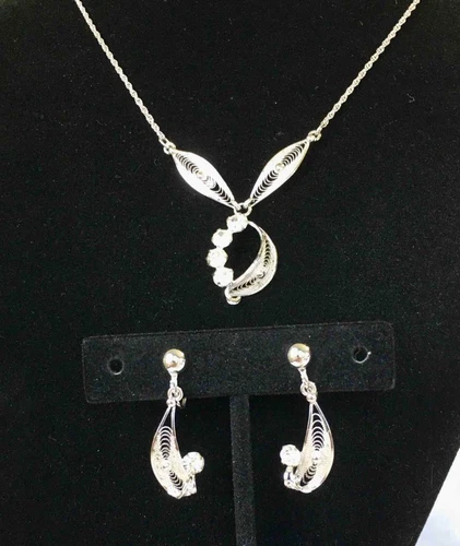 Vintage Sorrento Open Filigree Sterling Silver Necklace & Screw Back Earrings