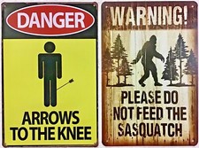 TWO 8x12 TIN SIGNS funny danger warning arrows Sasquatch Bigfoot feed man cave
