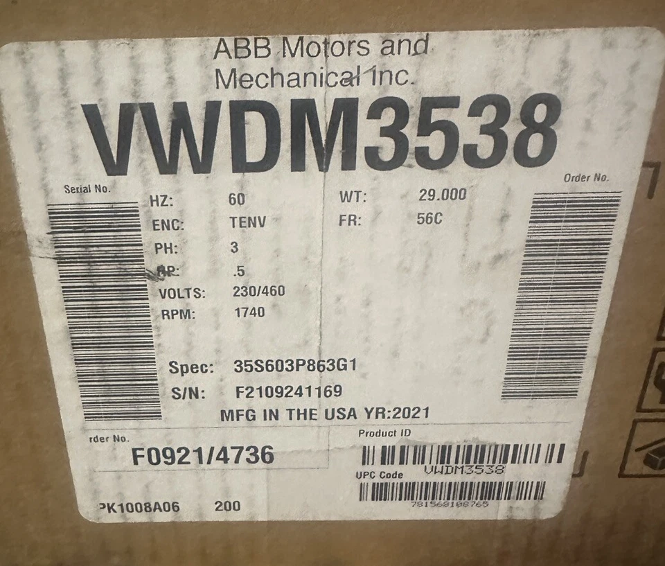 Baldor,VWDM3538,3-Phase Motor 0.5 Hp 1740RPM 56C Frame - Image 2 of 2