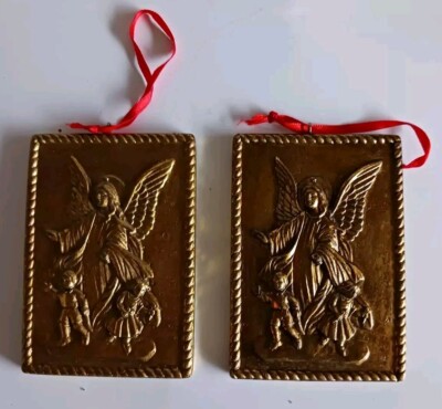 Set Of Two Ceramic Rectangular Base Relief Angel Goldtone Ornaments