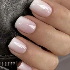 24pcs Short Square Press On Nails Pearlescent Full Cover Glossy False Nails Pink