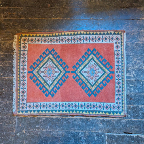 4'3" x 3'2" - Vintage Anatolian Geometric Wool Rug - Terracotta Orange, Sky Blu