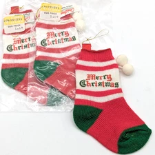Vintage Mini Merry Christmas Knitted Ornament Stocking 5" Money Candy Holder